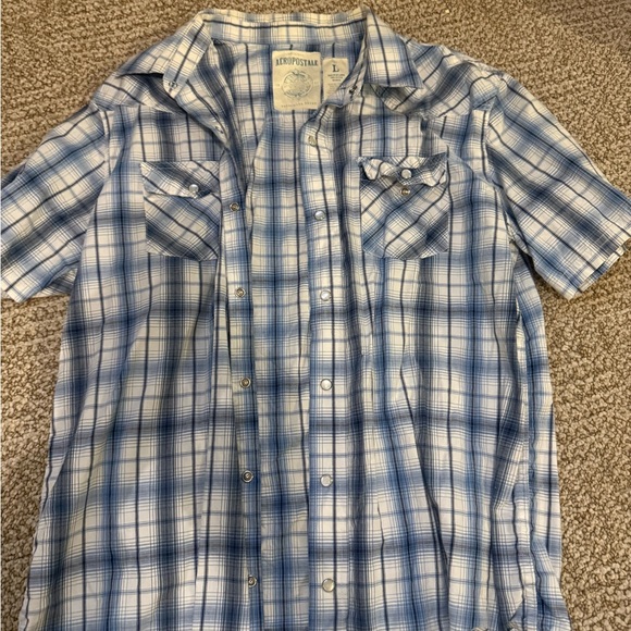 Aeropostale Men's Casual Blue and White Checkered Shirt - Picture 4 of 4